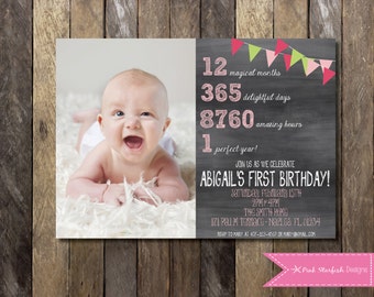 PRINTABLE Chalkboard First Birthday Invitation with Picture - 1st Birthday Invitation -  Girls Boys Birthday Party 4x6 or 5x7