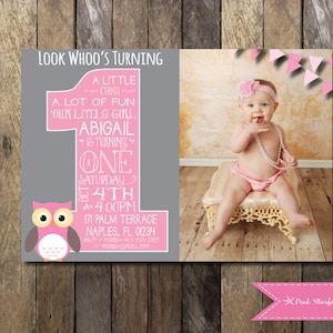 Owl First Birthday Invitation with Picture, Owl Birthday Invitation, Printable Invitation, Owl Invitation, Pink, Owl, Invite with Picture