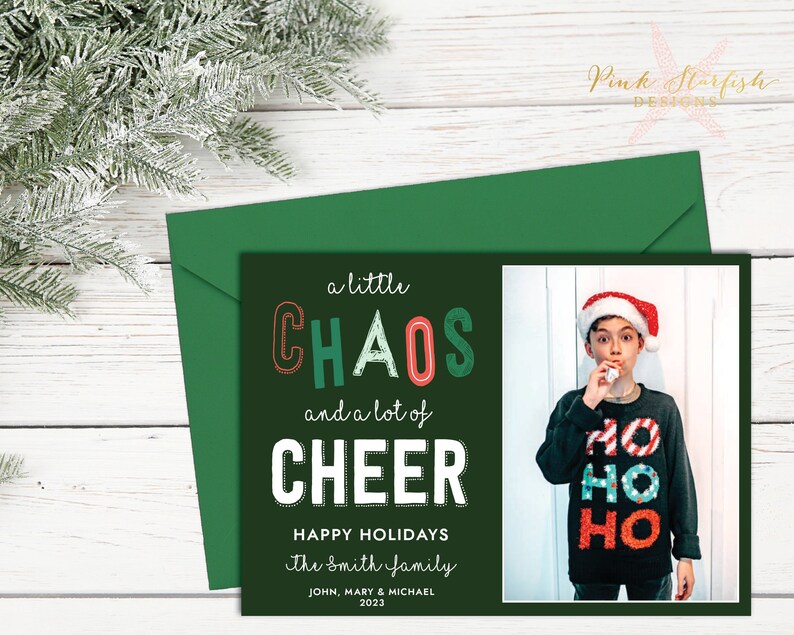 Christmas Card, Holiday Card, Christmas Photo Card, Fun Christmas Card, Chaos and Cheer, Photo, Blooper, Xmas Card, holiday card, Digital image 1