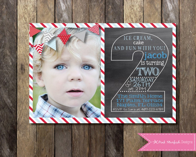 Chalkboard Second Birthday Invitation, Second Birthday Invitation with Picture, Printable Invitation, Chalkboard Invitation, Pink Invitation image 2