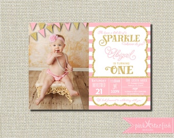 Sparkle Birthday Invitation, Pink and Gold Birthday, Pink and Gold Invitation, Pink and Gold, Glitter, First Birthday Invitation, Sparkle