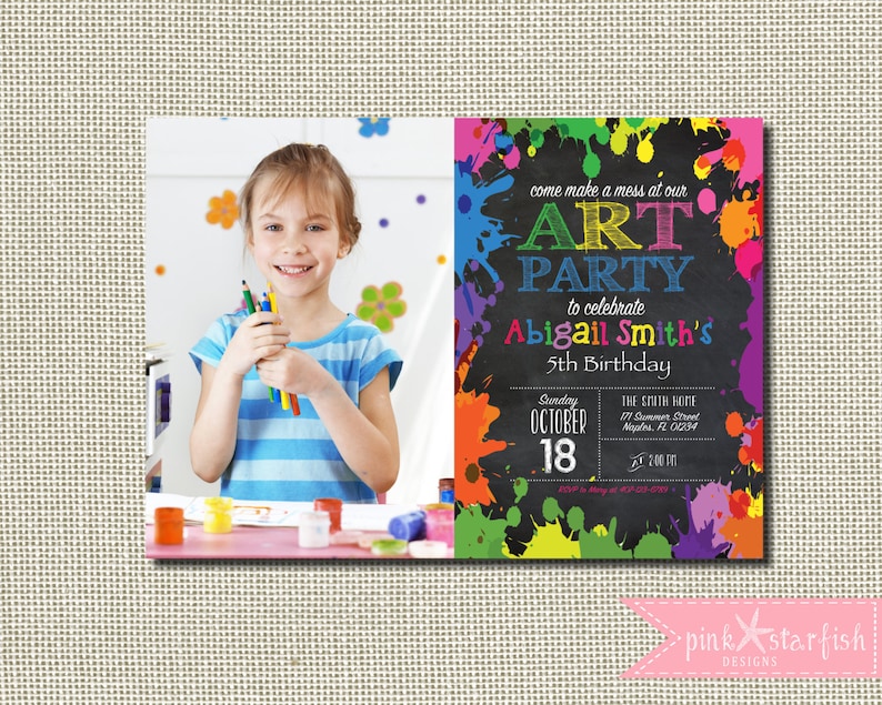 Art Party Invitation, Chalkboard Rainbow Art Party Invitation, Paint Party Invitation, Art Party Birthday, Paint Splatter, Birthday Party image 1