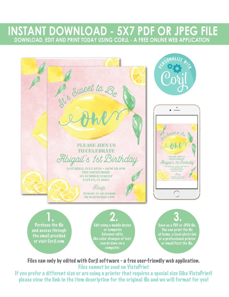 May include: A digital download birthday invitation with a watercolor lemon design. The invitation features the text "It's Sweet to Be One" and details for Abigail's 1st birthday. Includes a smartphone mockup and instructions for editing and printing.