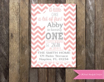 First Birthday Invitation, 1st Birthday Invitation, Pink Chevron, Printable Invitation, Pink and Grey, One, Girl Birthday Invitation, Pink