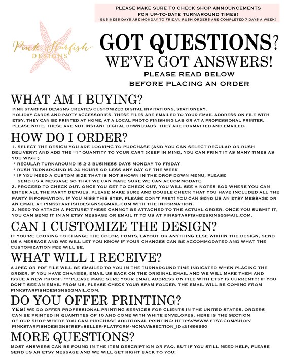 Paper & Party Supplies RUSH ORDER FEE Paper Invitations