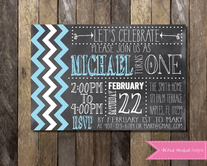 PRINTABLE Chalkboard Chevron First Birthday Invitation 1st Birthday Invitation Girls Boys Birthday Party 4x6 or 5x7 image 1