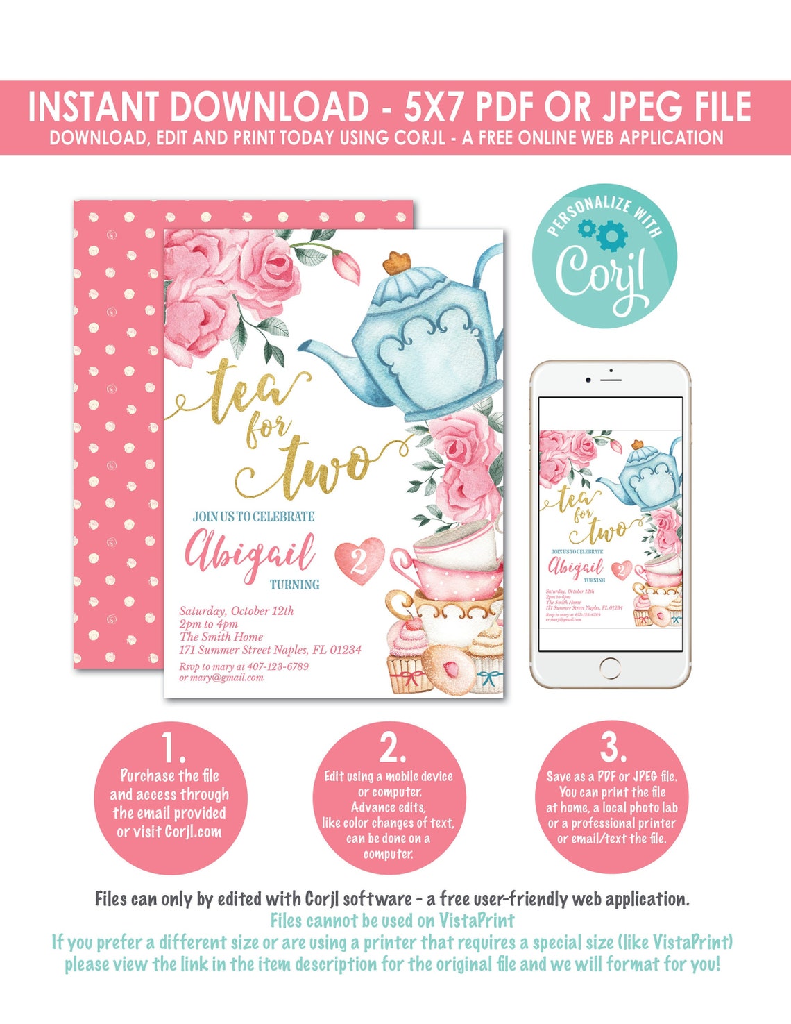 Tea Party Invite Tea for Two Invitation Floral Tea for Two Etsy