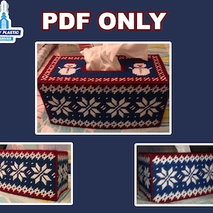 Puede incluir: Una funda para caja de pañuelos azul y blanca con un borde rojo y un patrón de copo de nieve. La funda tiene dos muñecos de nieve blancos en la parte delantera. El texto "PDF ONLY" se muestra sobre la funda de la caja de pañuelos.
