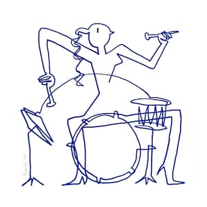 May include: A minimalist blue line drawing on a white background depicts a person playing a drum set. The figure is composed of continuous lines, with arms raised holding drumsticks. The drum set includes a snare drum, cymbals, and a bass drum.