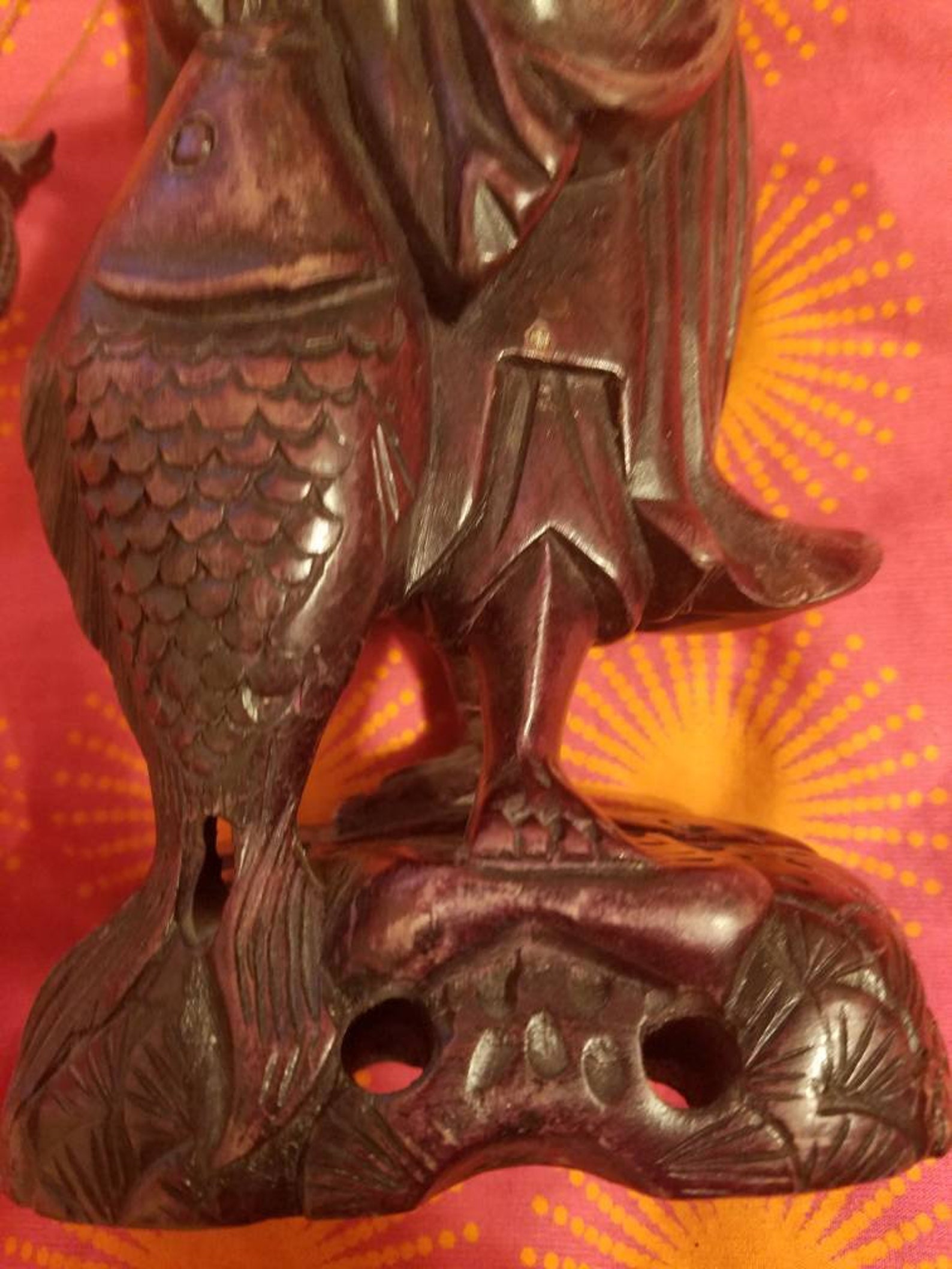 Carved Chinese Fisherman with Removable Hat and Fish Basket Etsy