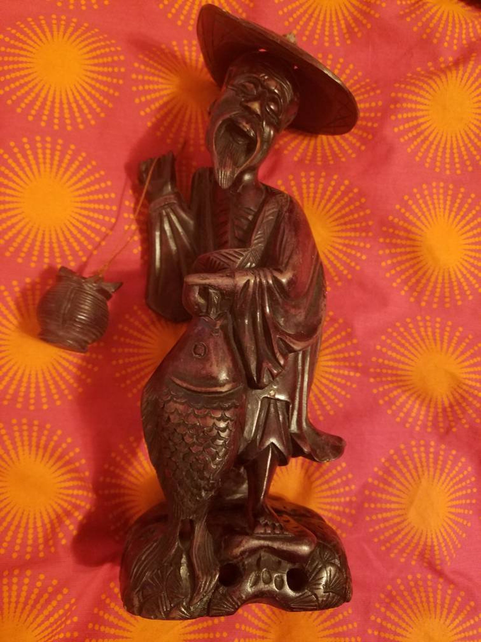 Carved Chinese Fisherman with Removable Hat and Fish Basket Etsy