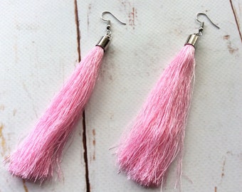 Baby Pink Long Tassel Earrings/ Festival Hippie Chic Pastel Boho Jewellery/ Summer Beach