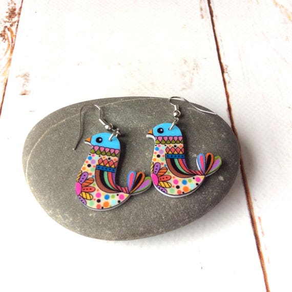 Rainbow Bird Earrings / Boho Folk Birds Earrings/ Colourful | Etsy