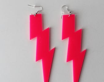 Neon Pink Lightning Earrings/ Oversize Statement lightning Bolt Earrings/ Rave/ Hot Pink Festival Jewellery/ Huge Earrings