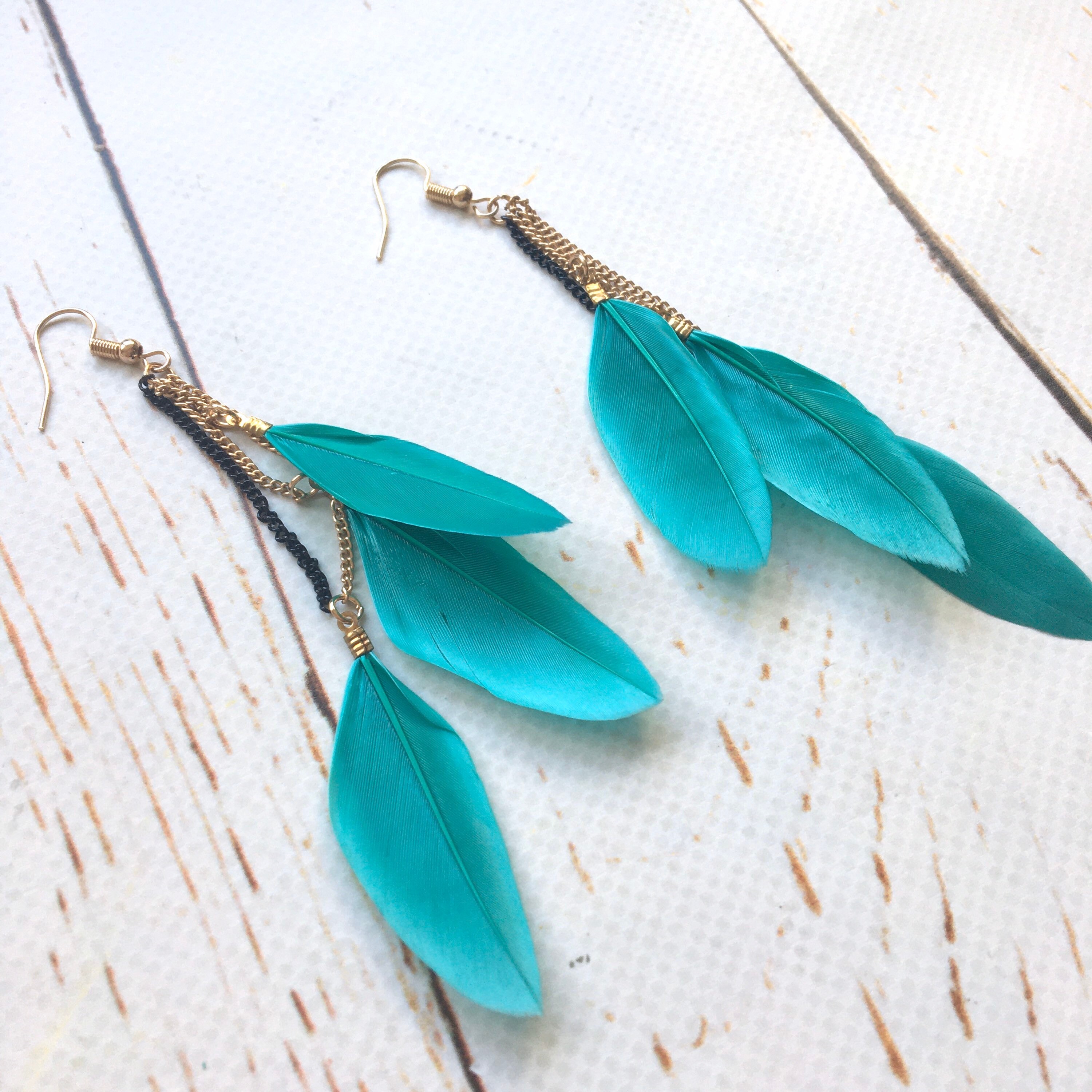 Bright Blue Green Teal Feather Earrings Party Super Size