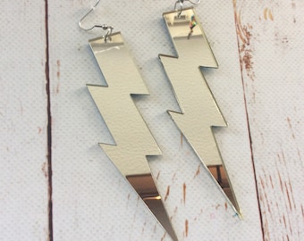 Silver Lightning Earrings/ Oversize Statement lightning Bolt Earrings/ Rave/ mirror Festival Party Jewellery/ Huge Earrings