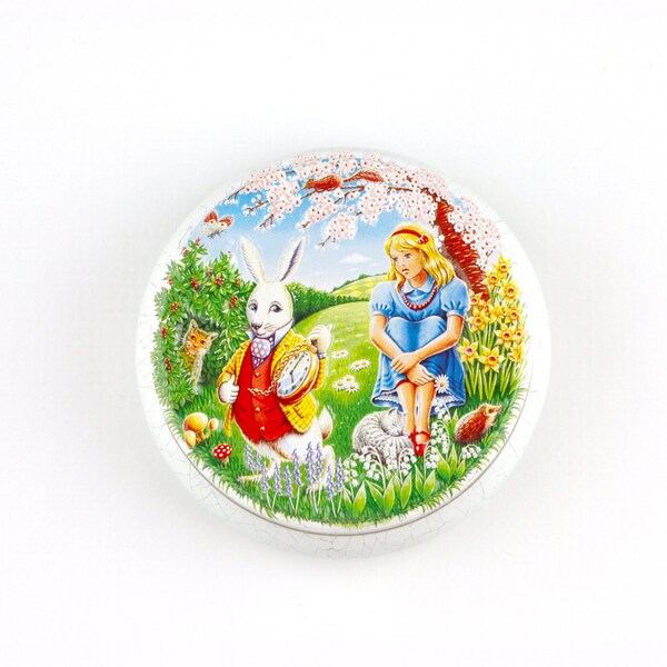 50% OFF SALE Alice In Wonderland Tin Round Candy Tin Tea Garden White Rabbit Cheshire Cat Embossed Relief Vintage Tin Churchill's Of London