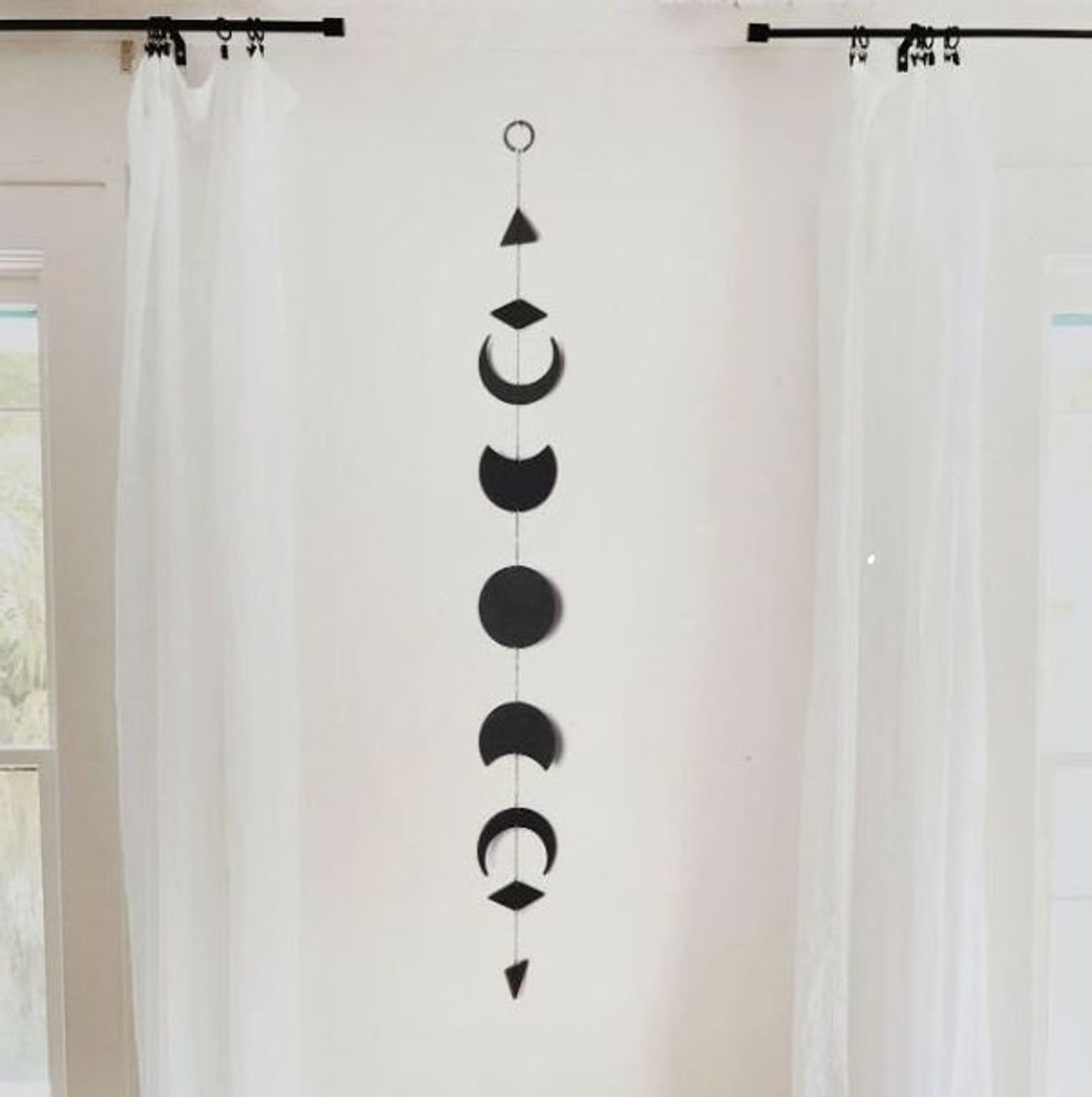 Black Wood Moon Phase Wall Hanging With Silver Chain - Wall Hanging ...
