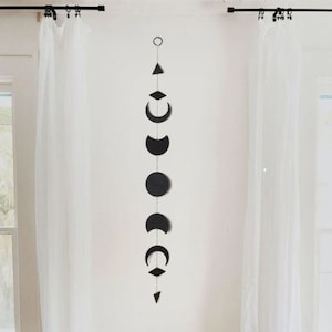 Black Wood Moon Phase Wall Hanging With Silver Chain - Wall Hanging - Home Decor - Wall Decor