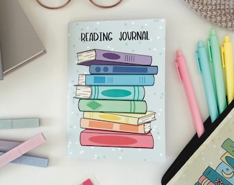 Mini Reading Journal, 5x7 inch mini journal for readers, track up to 30 books and write your reviews, gift for readers, blue book stack