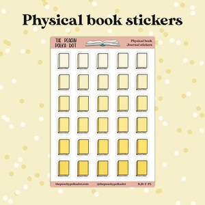 Peut inclure: Une feuille d'autocollants de livres jaunes avec un contour blanc. Les autocollants ont la forme de livres avec une reliure et des pages. Le texte "The Peachy Polka Dot" et "Physical book journal stickers" est en haut de la feuille.