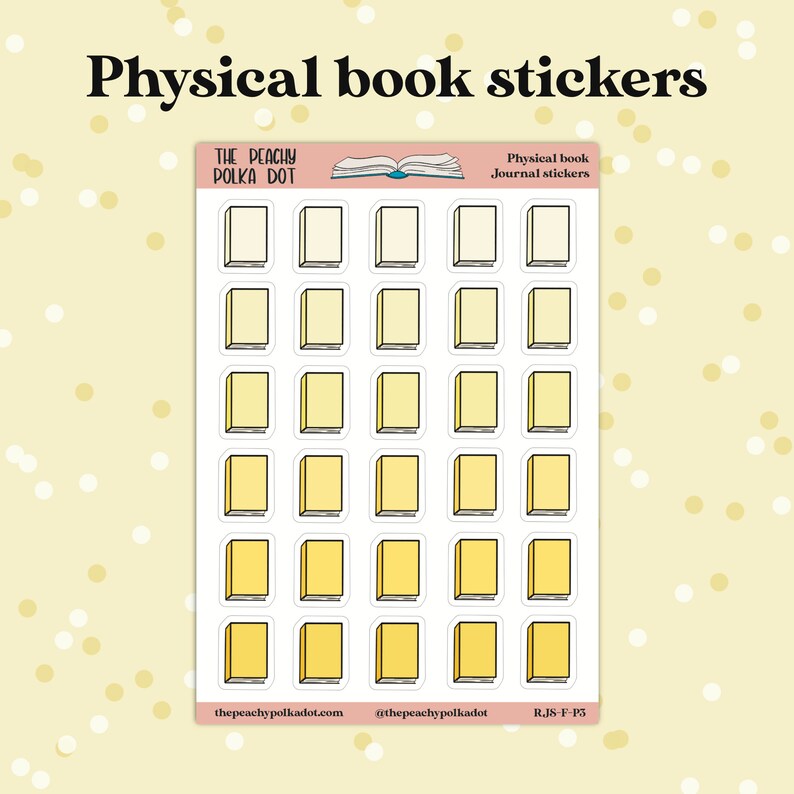 Peut inclure: Une feuille d'autocollants de livres jaunes avec un contour blanc. Les autocollants ont la forme de livres avec une reliure et des pages. Le texte "The Peachy Polka Dot" et "Physical book journal stickers" est en haut de la feuille.