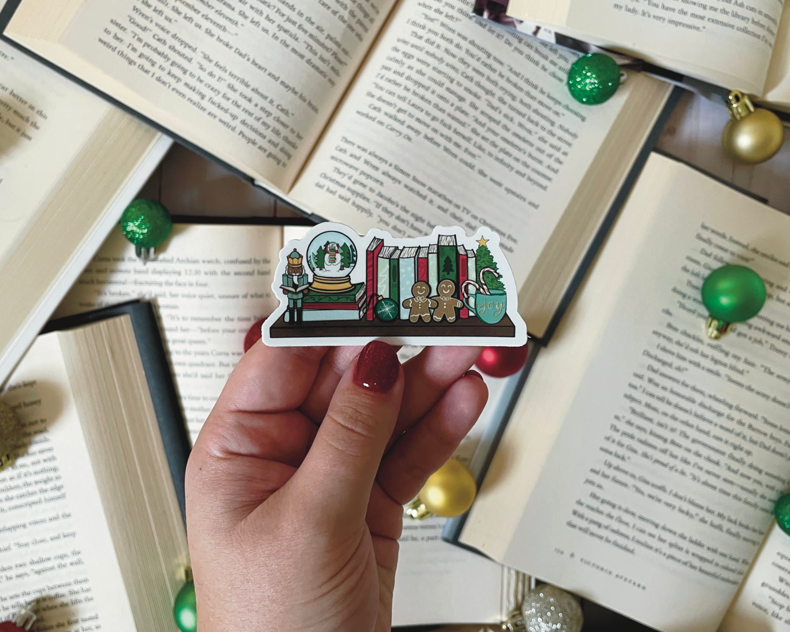Christmas Bookshelf Sticker, Holiday Book Stack Vinyl Sticker, Cozy ...