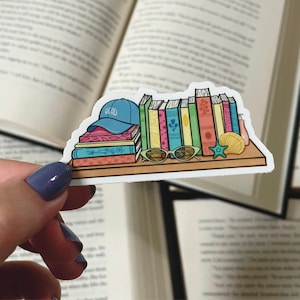 Summer Bookshelf Sticker, Beachy Book Stack Vinyl Sticker, Book Lover Summer Reading Decal, Cute Pastel Bookish Decor