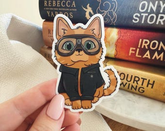 Pegatina de Brócoli el Gato, personaje del libro Onyx Storm con licencia, adorable vinilo literario, apta para lavavajillas para lectores y amantes de la fantasía.