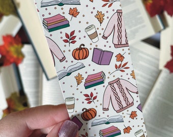 cozy sweater and books fall themed bookmark