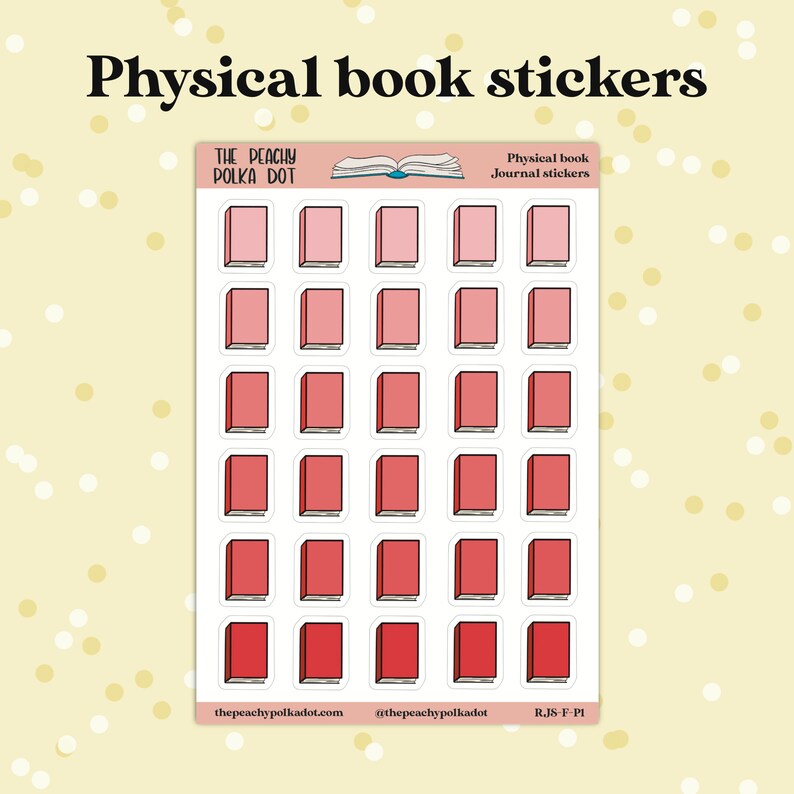 Peut inclure: Une feuille de 24 autocollants de livres roses et rouges avec un contour blanc. Les autocollants sont dispos&eacute;s en grille. Le texte "The Peachy Polka Dot" et "Physical book journal stickers" est en haut de la feuille.