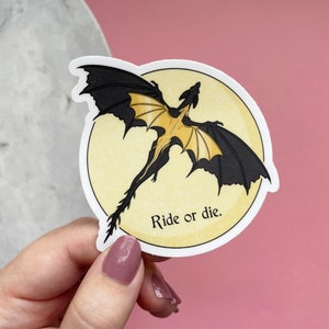 Ride or Die Fourth Wing sticker, officially licensed merch, Tairn and Andarna flying in front of the moon vinyl sticker