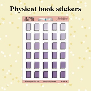 Peut inclure: Une feuille de 25 autocollants de livres violets aux coins arrondis. Les autocollants sont con&ccedil;us pour ressembler &agrave; des dos de livres avec un contour blanc. Le texte "THE PEACHY POLKA DOT" est en haut de la feuille, et le texte "Physical book Journal stickers" est en haut &agrave; droite. Le texte "thepeachypolkadot.com @thepeachypolkadot R.JS-F-P6" est en bas de la feuille.