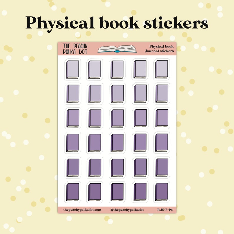 Peut inclure: Une feuille de 25 autocollants de livres violets aux coins arrondis. Les autocollants sont con&ccedil;us pour ressembler &agrave; des dos de livres avec un contour blanc. Le texte "THE PEACHY POLKA DOT" est en haut de la feuille, et le texte "Physical book Journal stickers" est en haut &agrave; droite. Le texte "thepeachypolkadot.com @thepeachypolkadot R.JS-F-P6" est en bas de la feuille.
