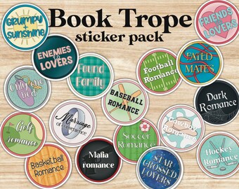 Book trope sticker pack, 17 stickers, 2inch waterproof vinyl sticker, dishwasher safe sticker for readers, kindle sticker, reading stickers