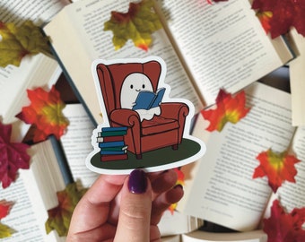 Cozy reading ghost, vinyl sticker for spooky season