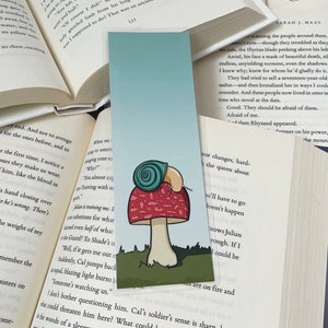 Cottage Core bookmark, snail sitting on mushroom bookmark