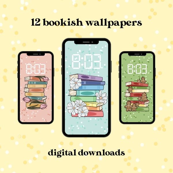 Bookish Phone Wallpaper, 12 hand drawn phone wall paper for book lovers, book stack monthly wall paper for people who love books!