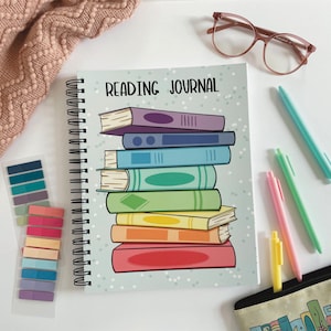 XL Reading Journal, the perfect journal for readers, track up to 100 books and write your  reviews, great gift for readers, blue book stack