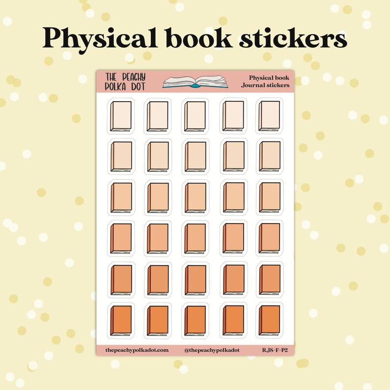 Peut inclure: Une feuille de 24 autocollants de livres de couleur p&ecirc;che avec des contours blancs. Les autocollants sont dispos&eacute;s en 6 rang&eacute;es de 4. Les autocollants sont tous de la m&ecirc;me taille et de la m&ecirc;me forme, et ils pr&eacute;sentent un design de livre simple. Le texte "THE PEACHY POLKA DOT" est en haut de la feuille, et le texte "Physical book Journal stickers" est en haut &agrave; droite de la feuille.