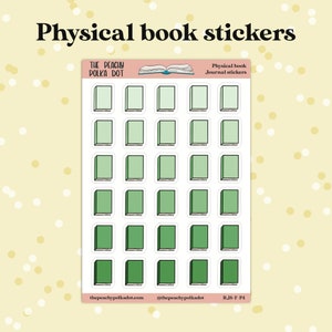 Peut inclure: Une feuille de 25 autocollants de livres verts avec des contours blancs. Les autocollants sont dispos&eacute;s en cinq rang&eacute;es de cinq. Les autocollants sont con&ccedil;us pour ressembler &agrave; des livres physiques. Le texte "THE PEACHY POLKA DOT" et "Physical book Journal stickers" est en haut de la feuille.