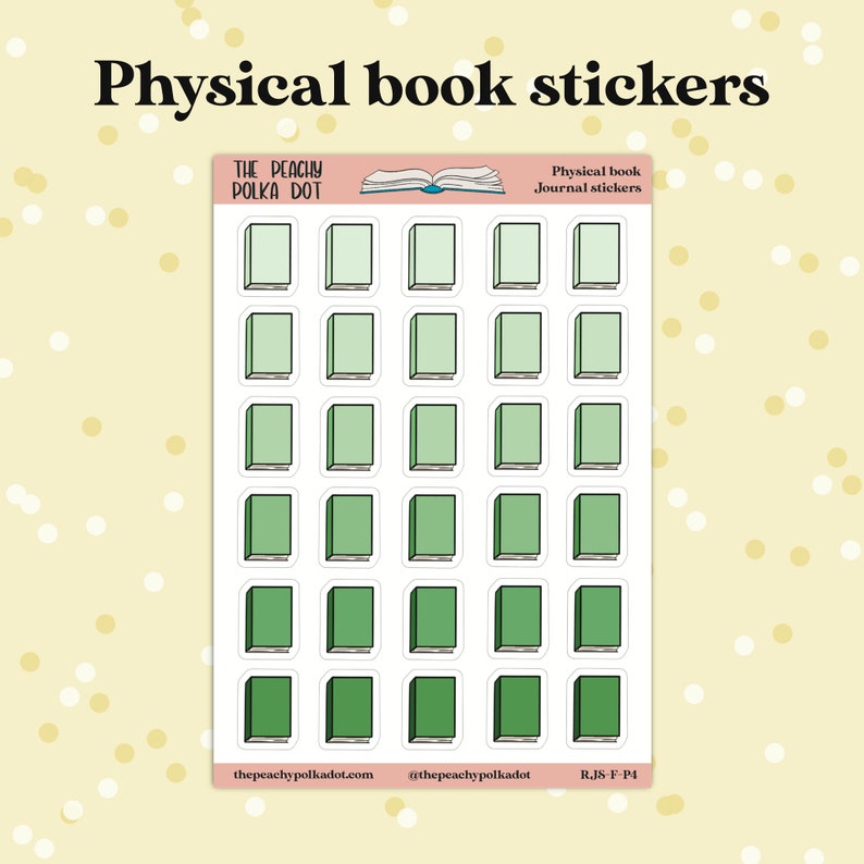 Peut inclure: Une feuille de 25 autocollants de livres verts avec des contours blancs. Les autocollants sont dispos&eacute;s en cinq rang&eacute;es de cinq. Les autocollants sont con&ccedil;us pour ressembler &agrave; des livres physiques. Le texte "THE PEACHY POLKA DOT" et "Physical book Journal stickers" est en haut de la feuille.