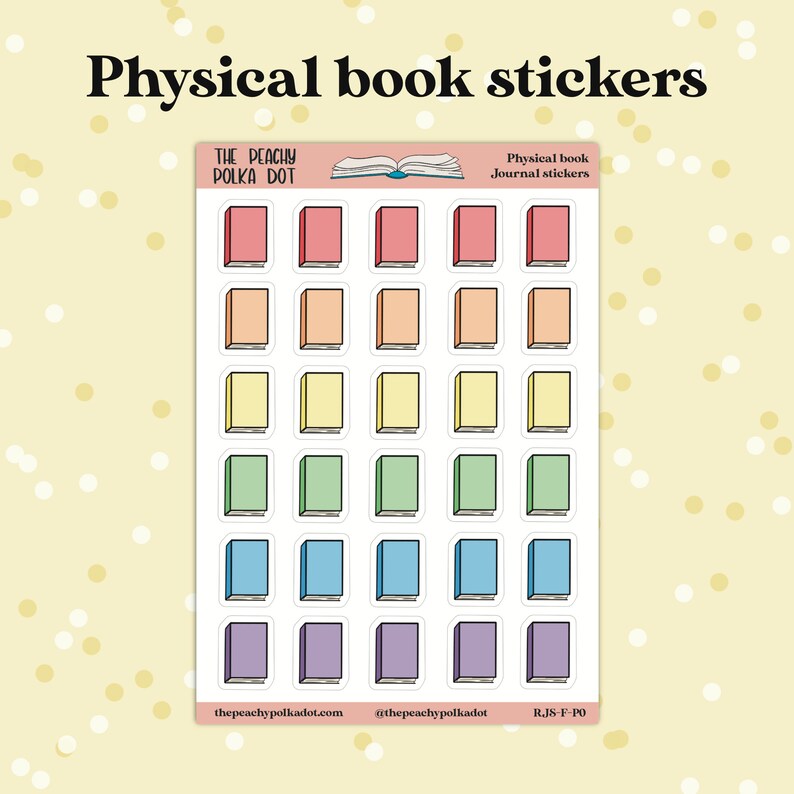 Peut inclure: Une feuille d'autocollants de livres color&eacute;s avec un contour blanc. Les autocollants sont dispos&eacute;s en grille et pr&eacute;sentent diff&eacute;rentes nuances de rose, orange, jaune, vert, bleu et violet. Le texte "THE PEACHY POLKA DOT" et "Physical book Journal stickers" est visible en haut de la feuille.