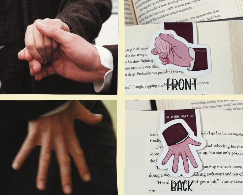 K&ouml;nnte beinhalten: Ein Lesezeichen mit einer Handillustration, mit dem Wort "FRONT" auf der Vorderseite. Die R&uuml;ckseite des Lesezeichens hat ebenfalls eine Handillustration mit dem Wort "BACK" aufgedruckt. Das Lesezeichen befindet sich auf einem Buch.