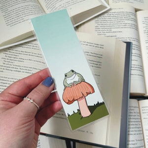 Cottage Core bookmark, frog sitting on mushroom bookmark