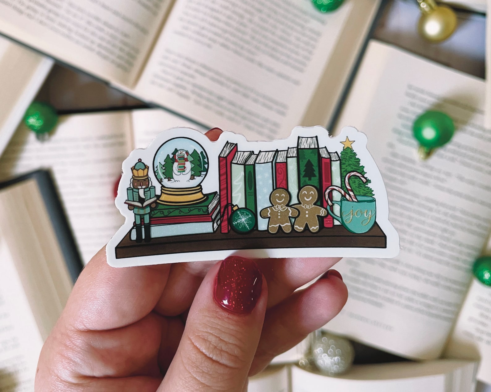 Christmas Bookshelf Sticker, Holiday Book Stack Vinyl Sticker, Cozy ...