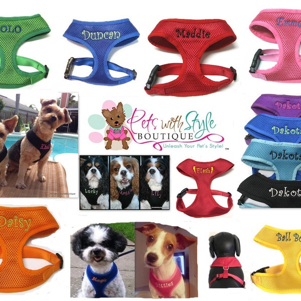 Personalized Soft Mesh Dog Harness Custom Embroidered with Name.  Choose color, size, letter style and thread color