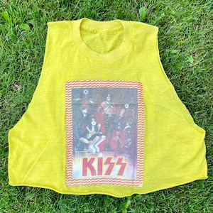 Vintage 70s KISS Iron On Band Cropped T-Shirt size Medium
