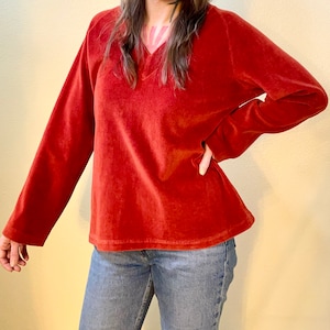 Vintage 70s Dark Rusty Burnt Orange Long Sleeve Velour Sweater