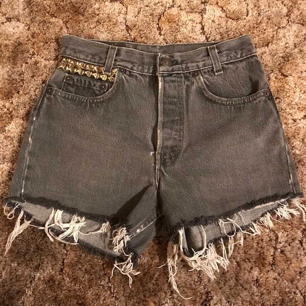 Vintage 90s Levis Faded Black Grey High Waisted Jean Shorts Studded Denim 25 XS